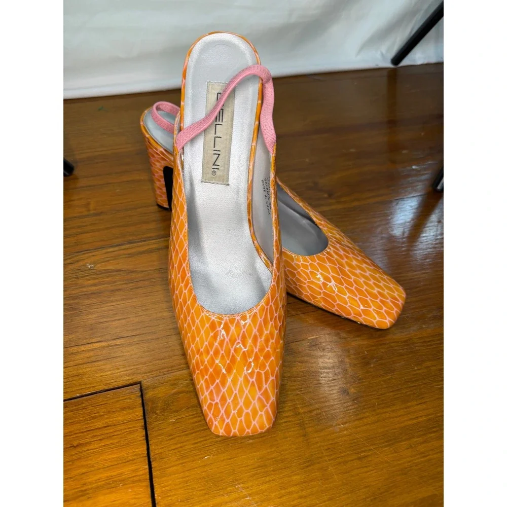Bellini Monzo Orange Snakeskin Slingback Square Toe Block Heels Womens 10M